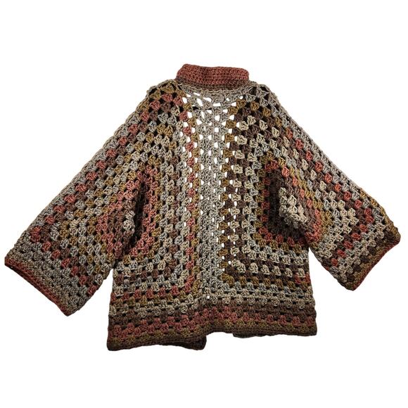 Hand Crochet Granny Square Cardigan Womens L/XL Multicolor Earth Tones Boho EUC - Picture 2 of 12